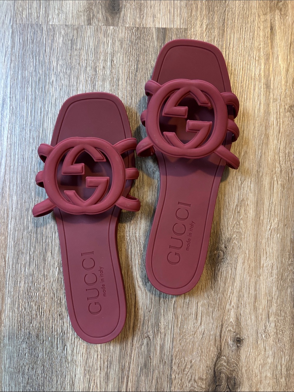 Burgundy Interlocking Initial Slide Sandals